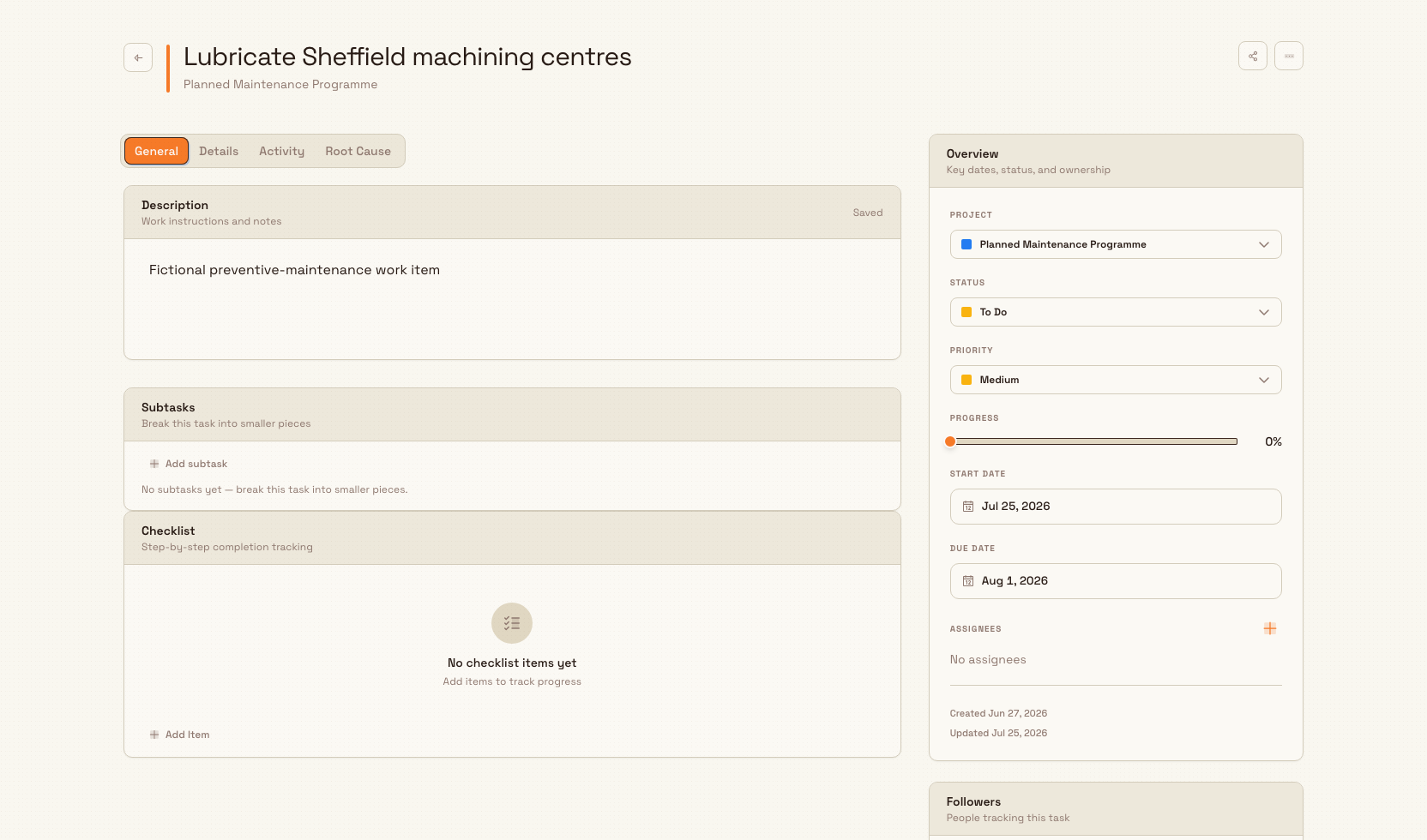 A Bulk task detail page with General, Details, Activity, and Root Cause tabs, a Subtasks panel, checklist, and an Overview sidebar containing start and due dates.