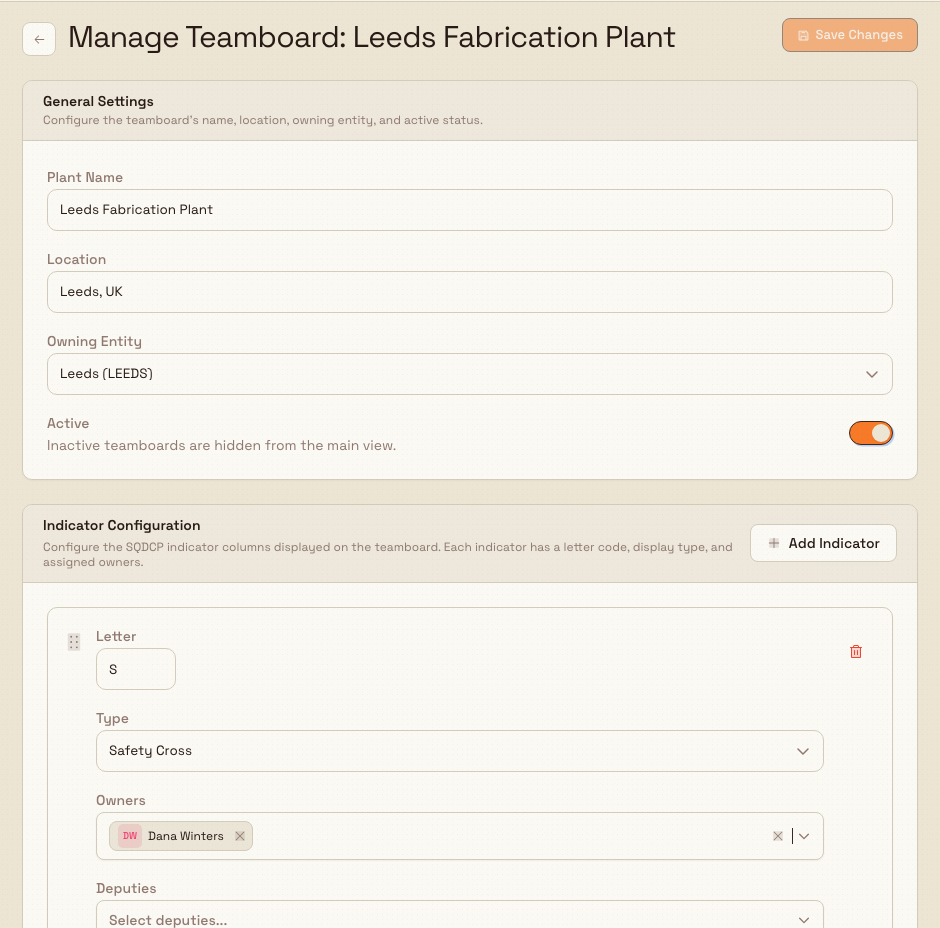 Manage Teamboard settings page with General Settings, Indicator Configuration, Entity Assignment, and Danger Zone sections.