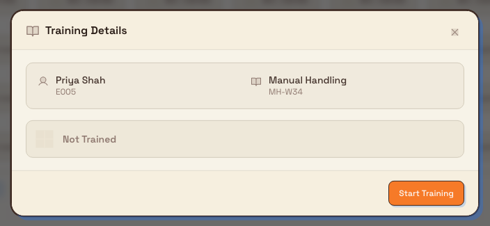 Training Details dialog showing a Not Trained status and a Start Training button.