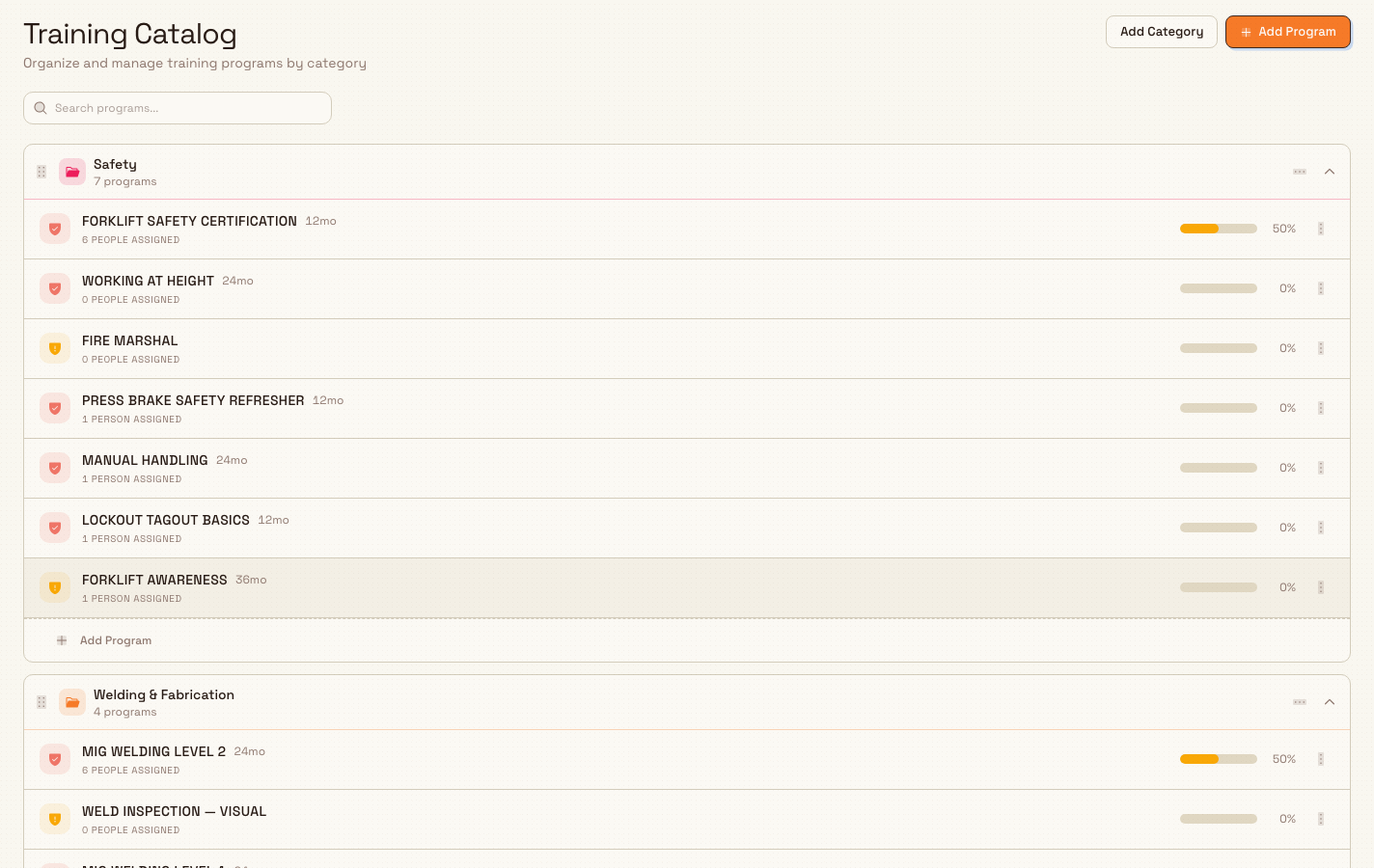 The Training Catalog page showing colour-coded category folders with training program rows inside each.