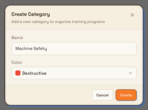The Create Category dialog with a Name field set to Machine Safety and a colour selected.