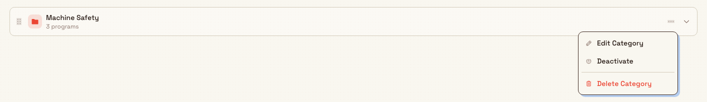 A category folder with its actions menu open showing Edit Category, Deactivate, and Delete Category, and a drag handle at the left.