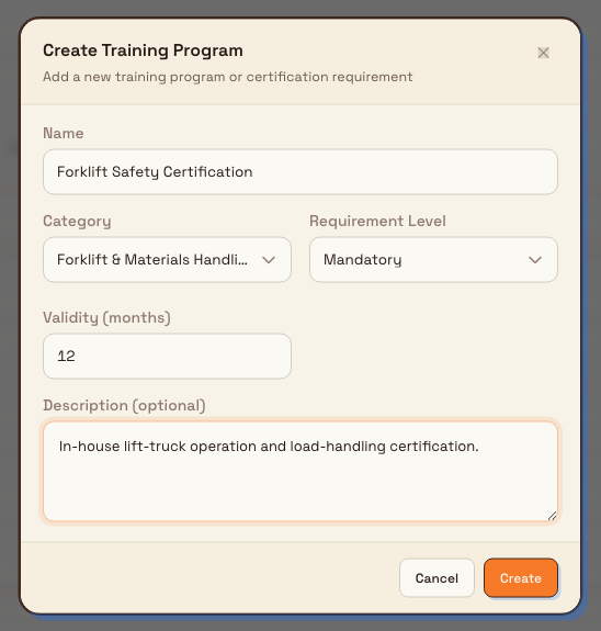 The Create Training Program dialog with a name, category, mandatory requirement level, a 12-month validity, and a description filled in.