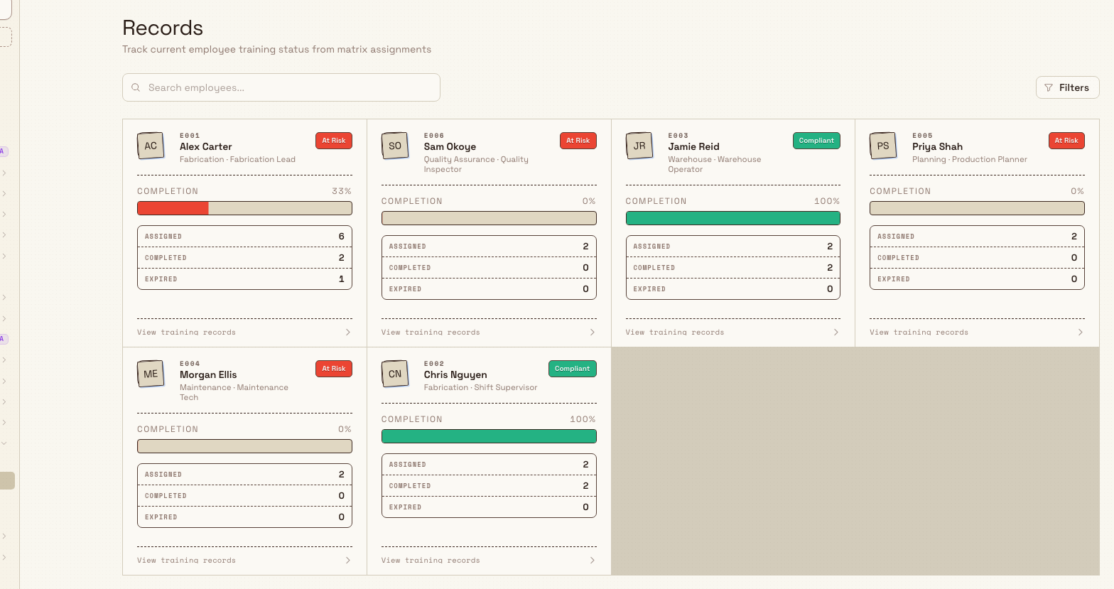 The Training Records page showing a grid of employee cards, each with a compliance badge, progress bar, and assigned, completed, and expired counts.