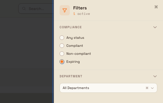 The Filters drawer open on the Records page, showing Compliance and Department filter options with Expiring selected.