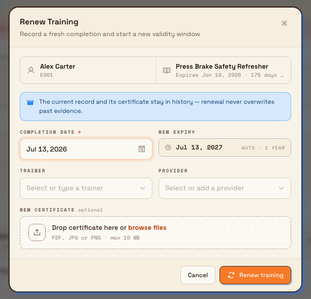 The Renew Training dialog showing a completion date, an auto-calculated new expiry, optional trainer, provider, and certificate fields, and a Renew training button.