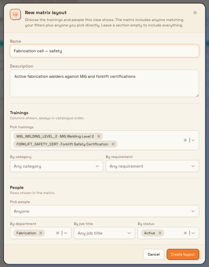 New matrix layout dialog showing a name field, a Trainings section with training and category selectors, and a People section with department, job title, and status selectors.