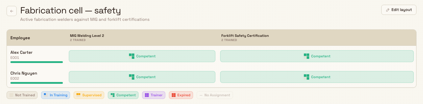 An open saved matrix layout showing a narrowed grid of people against selected training programs, with an Edit layout button in the header.