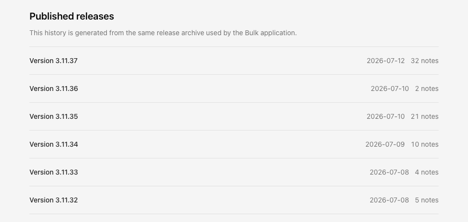 The What's new documentation page listing published Bulk versions with dates and note counts under Published releases.