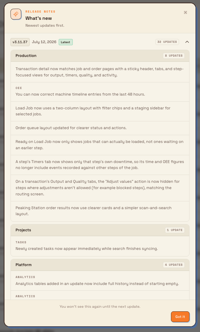 The Bulk What's new dialog listing recent app versions and grouped release notes, with a Got it button.