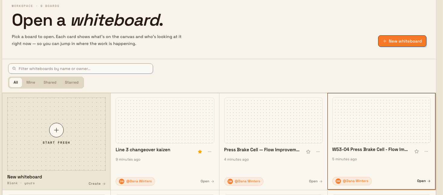 Whiteboard picker page with a New whiteboard button, scope filters, and a grid of whiteboard cards including a Start fresh tile.