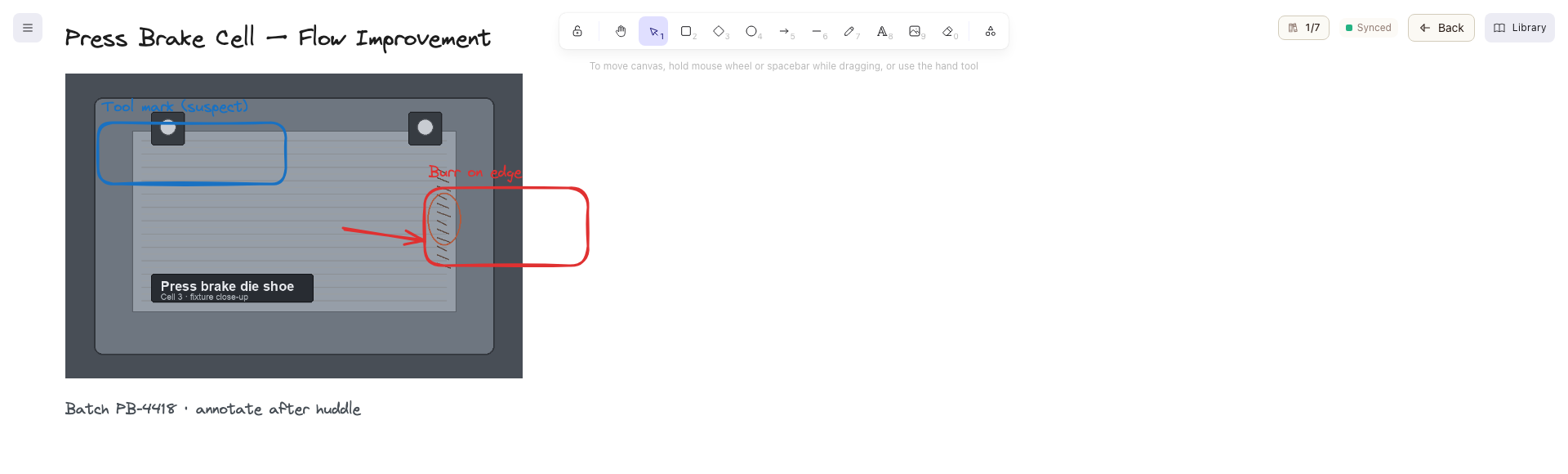 Whiteboard editor with a photo of a machine fixture on the canvas, annotated with labelled boxes and an arrow, and the image tool visible in the toolbar.