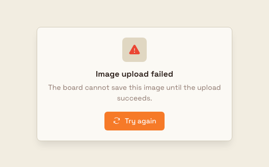 Whiteboard upload overlay reading Image upload failed with a message that the board cannot save the image until the upload succeeds, and a Try again button.