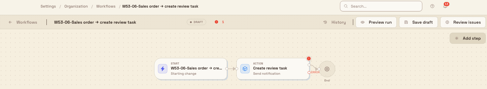 The Bulk workflow builder toolbar showing the Back to workflows, Preview run, Save draft, and Publish buttons above a small graph of automation steps.