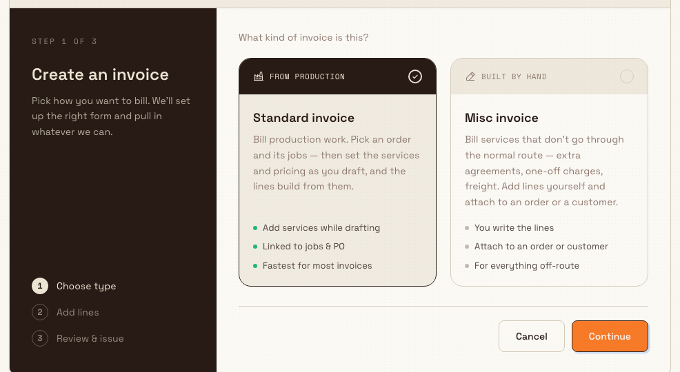 The Bulk New invoice screen offering a Standard invoice card and a Misc invoice card, with a three-step wizard across the top.