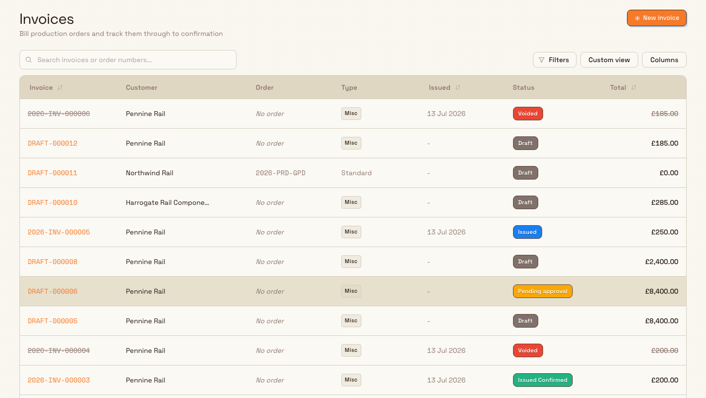 The Bulk Invoices list showing rows with Draft, Issued, and Issued Confirmed status badges.