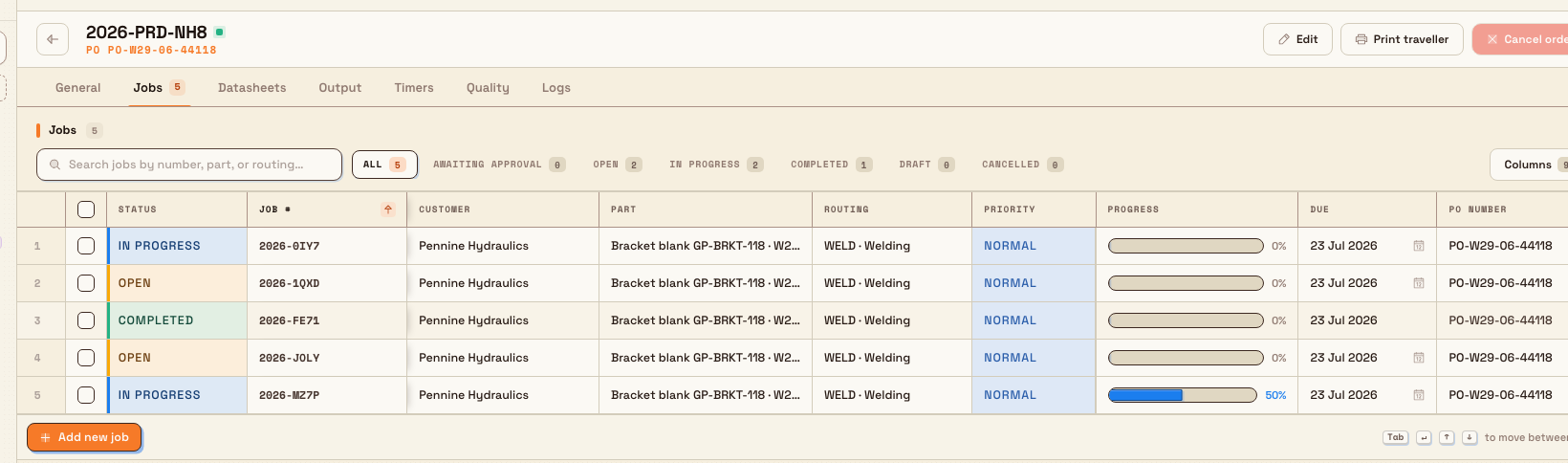 A Bulk production order's Jobs tab listing its jobs with status badges, priority, progress bars, and due dates.