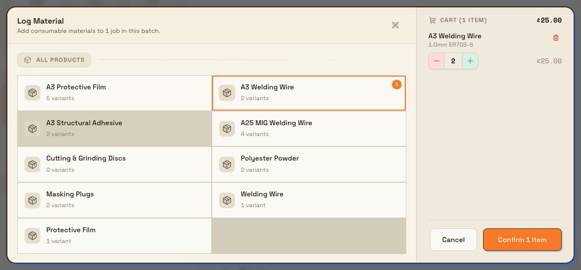 The Log Material dialog showing consumable tiles to choose from and a cart with a quantity stepper and a Confirm button.