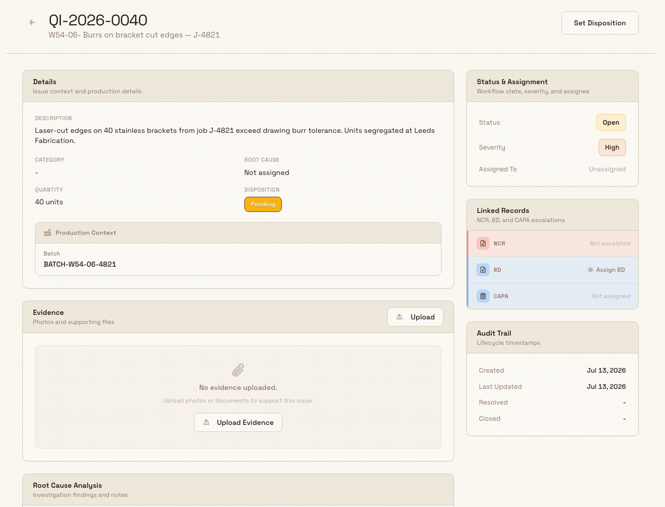 Open quality issue detail page with Set Disposition, Status and Assignment, Linked Records, and Root Cause Analysis.