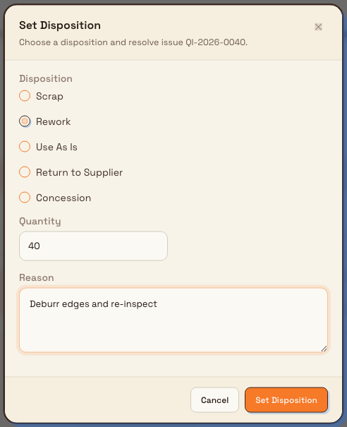 The Set Disposition dialog showing disposition options Scrap, Rework, Use As Is, Return to Supplier, and Concession with Rework selected, a Quantity field, a Reason text area, and a Set Disposition button.
