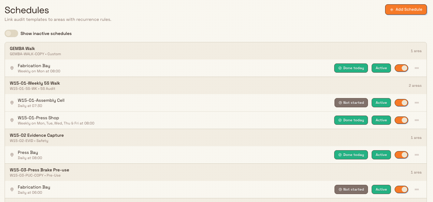 The Settings Audits Schedules page showing an Add Schedule button and a list of audit schedules linking templates to areas with their recurrence.