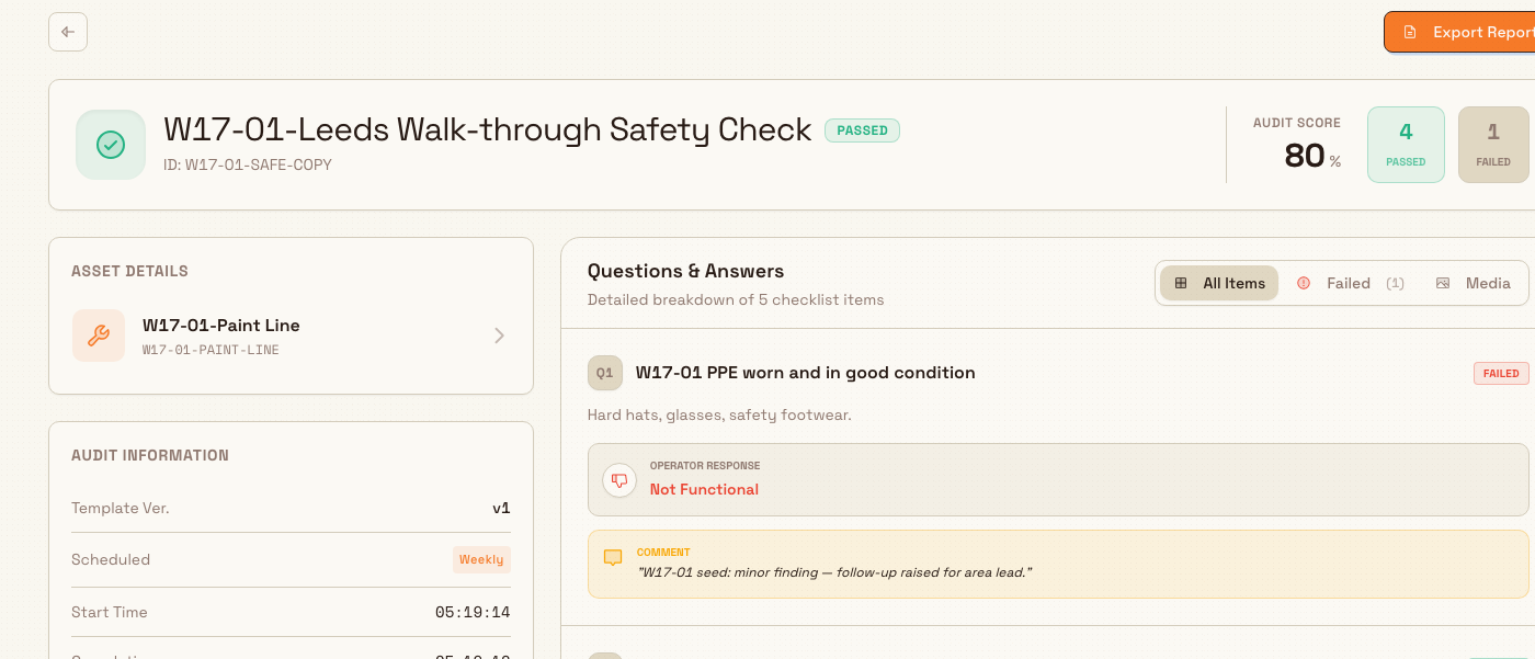 A completed Bulk safety audit report showing the area, an overall result, and a list of answered checklist items with evidence.