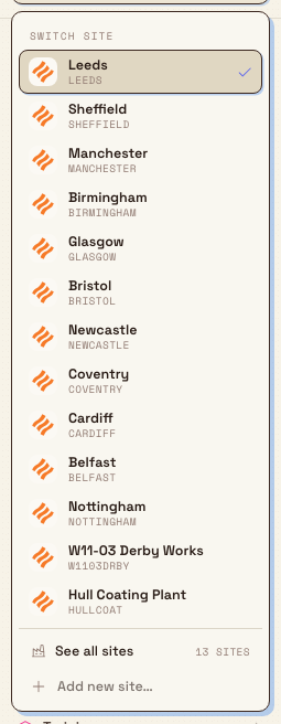 The Bulk site switcher menu open, listing the organization's site with its short code, a See all sites option, and a greyed-out Add new site option.