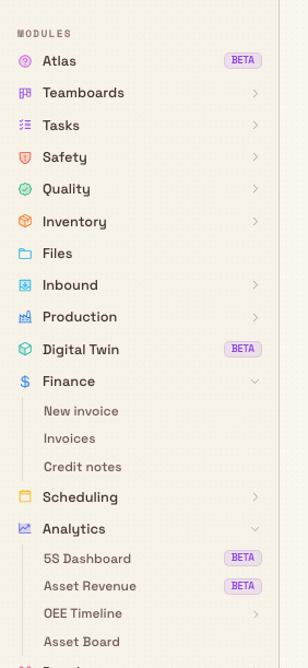 The Bulk navigation sidebar with the Atlas item marked Beta, the Finance section expanded to show New invoice, Invoices, and Credit notes, and the Analytics section expanded to show 5S Dashboard, Asset Revenue, OEE Timeline, and Asset Board.