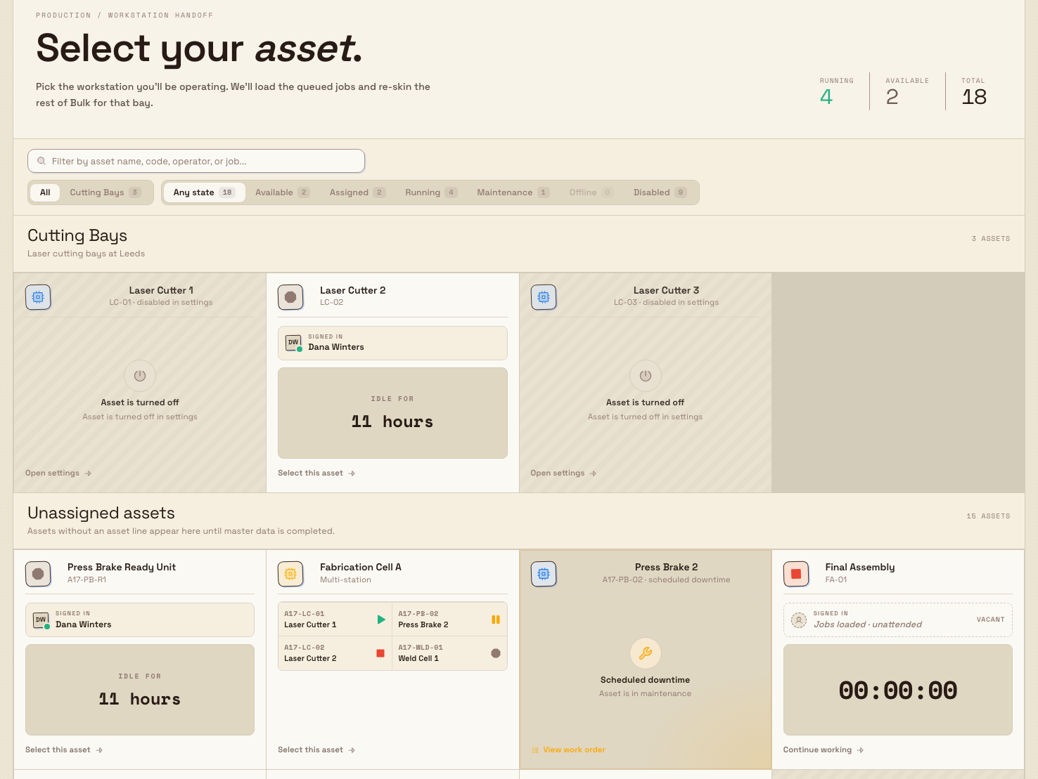 Select your asset screen with state counts, filters, and workstation tiles.